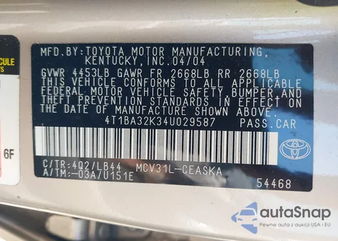 2004 Toyota Camry Se V6 z USA, uszkodzony, nr VIN 4T1BA32K34U029587